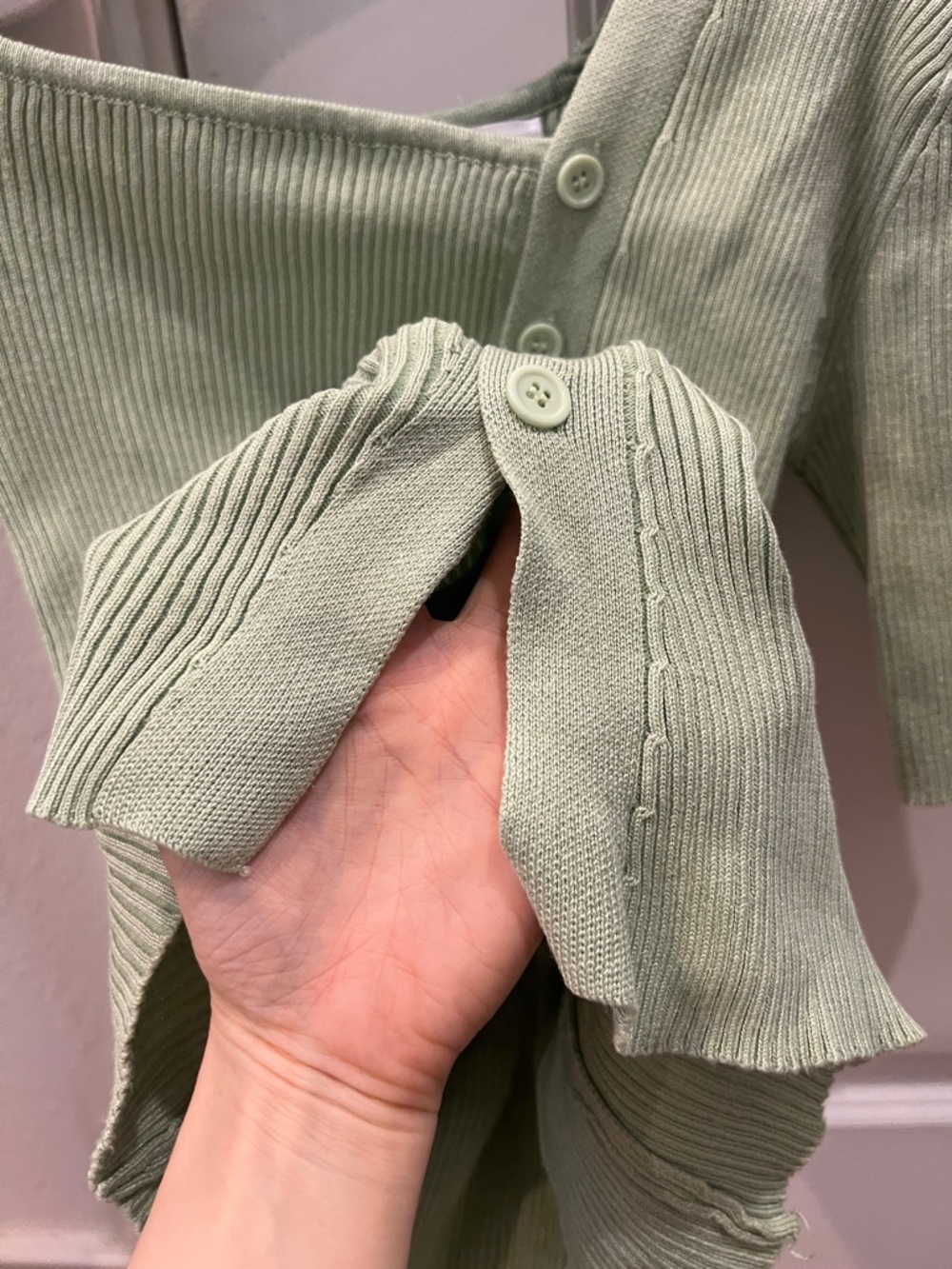 Asymmetric Button-Front Ribbed Top - Light Sage Green - Picture 4 of 4